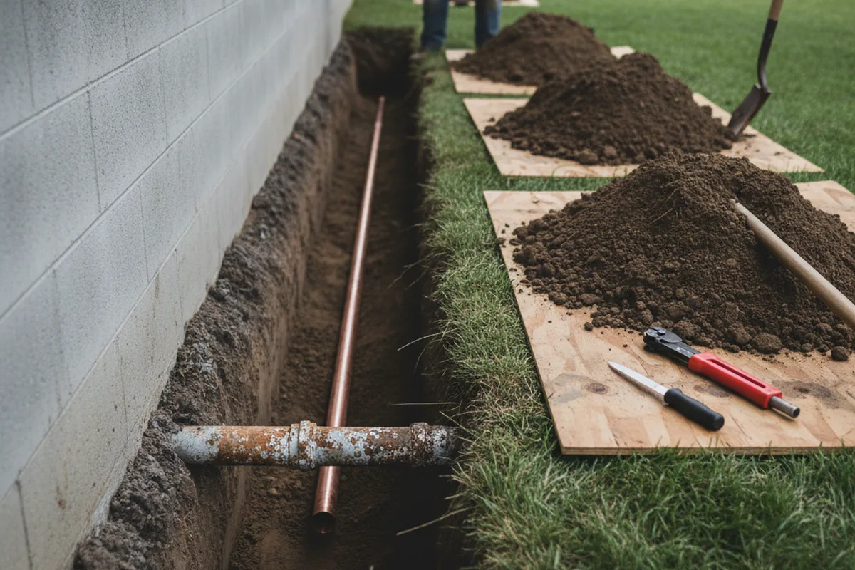 Excavated water line trench during Water Softener Installation in Rockdale